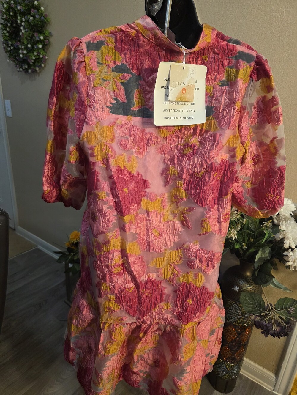 Chicwish Pink Floral Textured Puff-Sleeve Dress with Yellow Accents